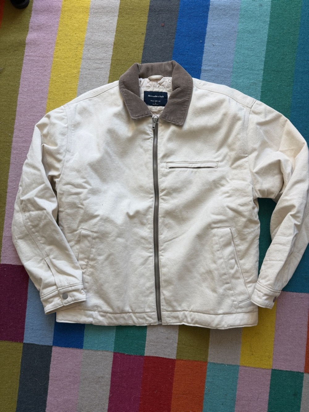 Abercrombie & Fitch Cream Canvas Jacket with Brown Corduroy Collar size large